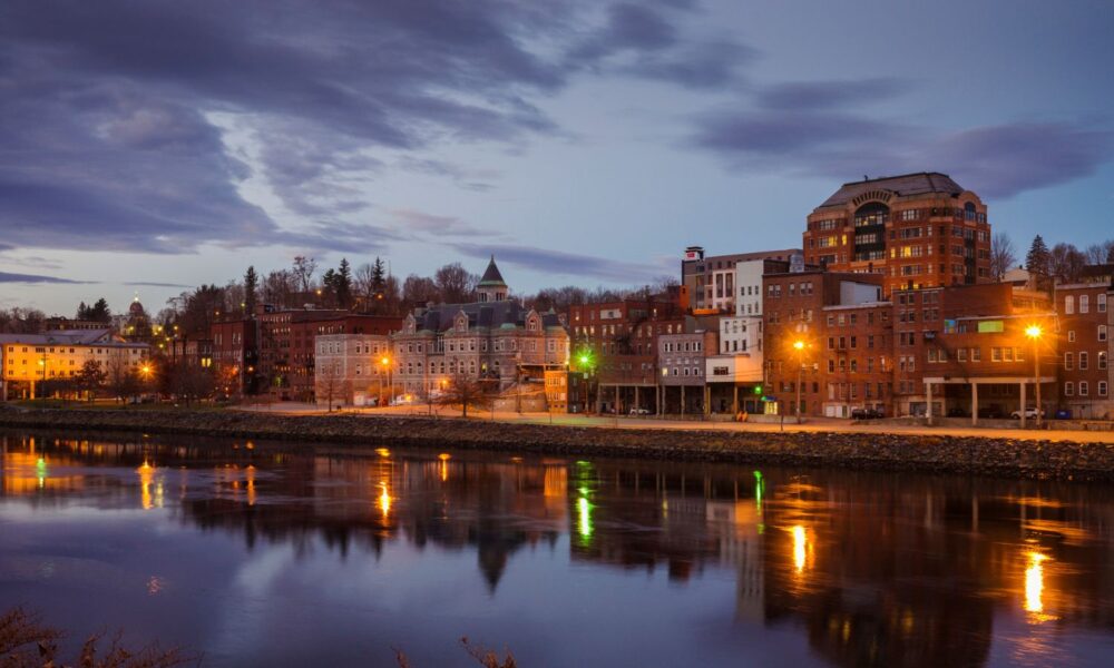 Augusta, Maine view along Kennebec River, dawn.